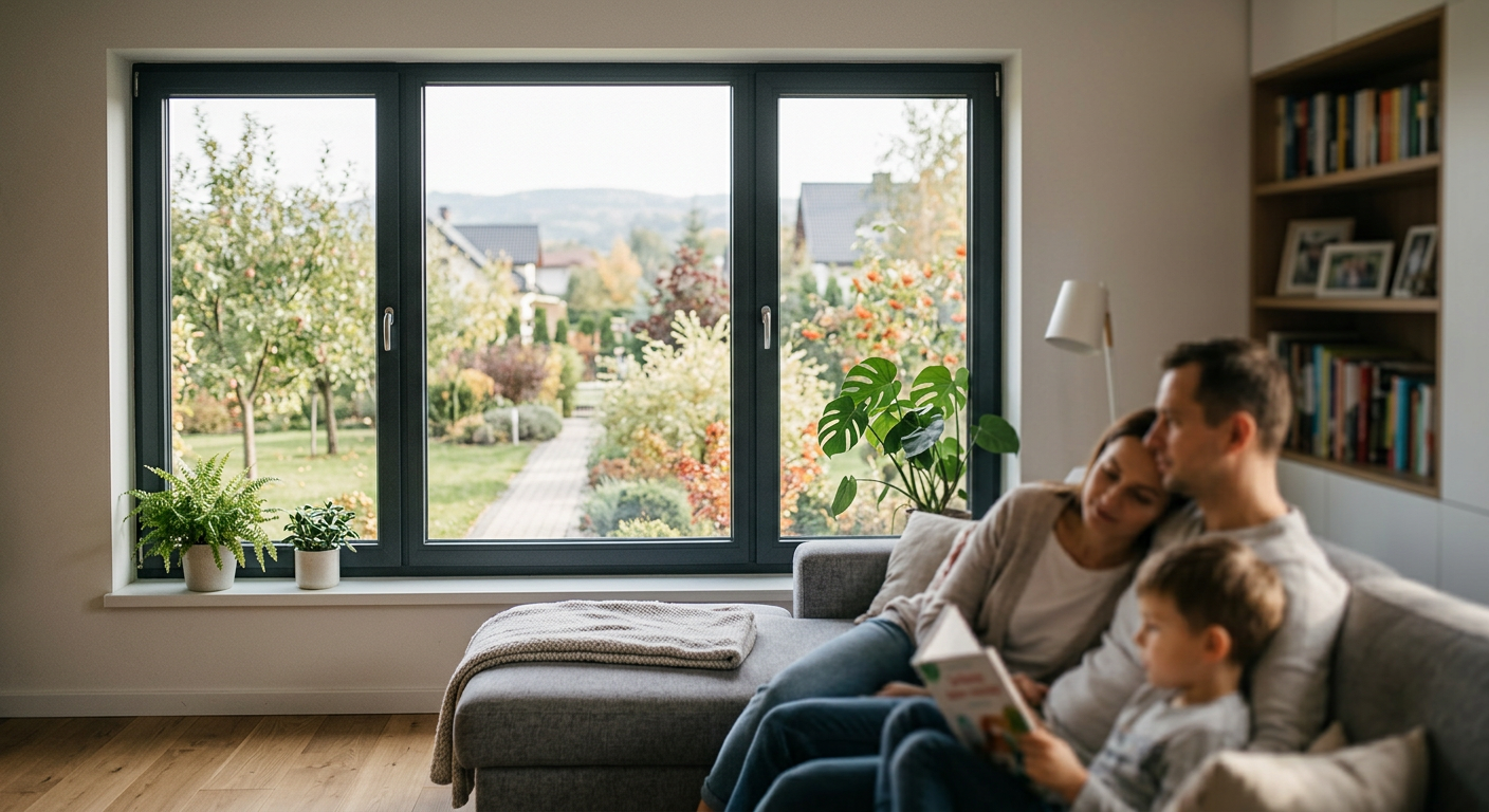 A bright, modern interior with large windows showcasing a green garden, suggesting a focus on natural light and views.