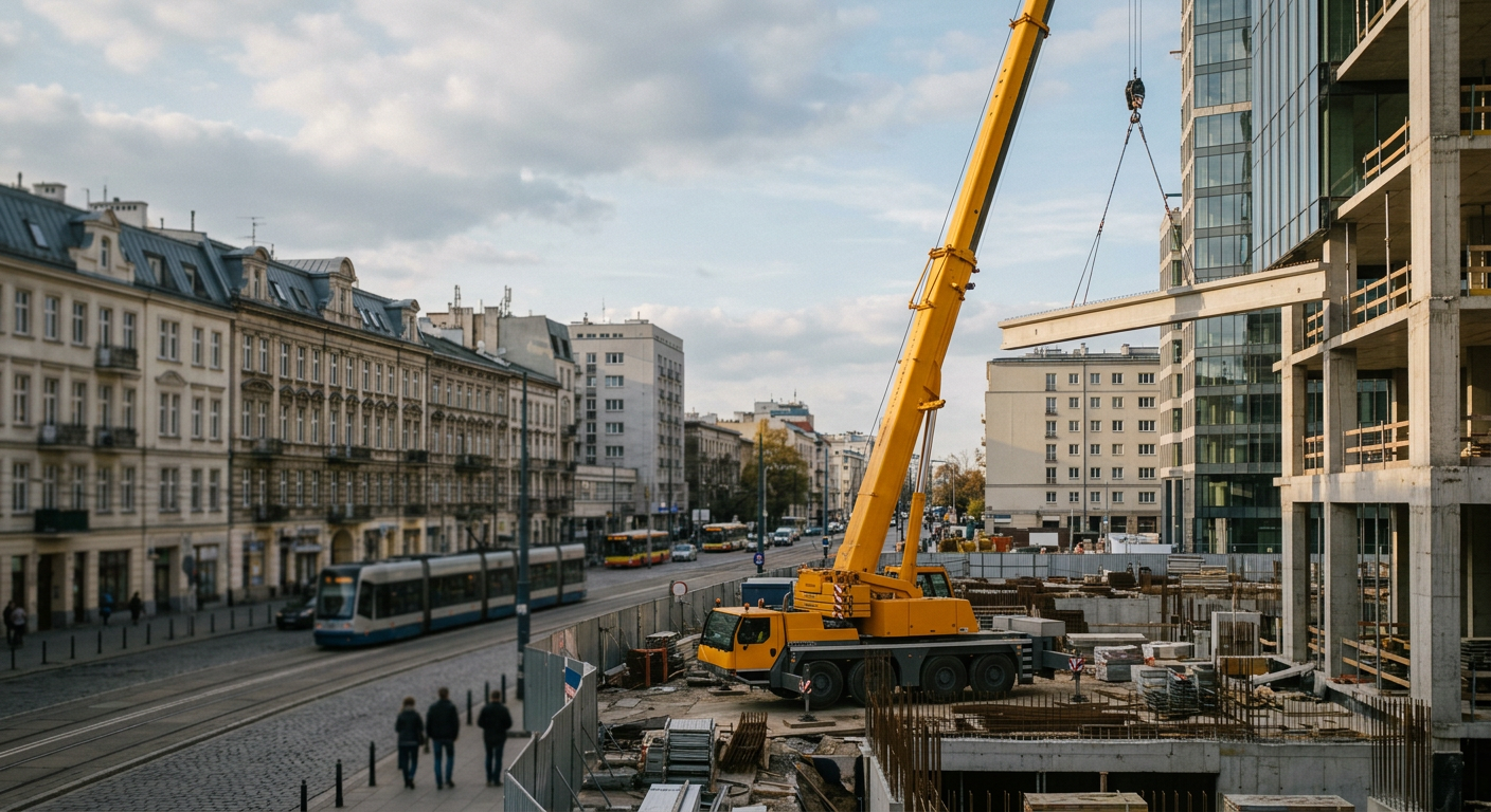 A large yellow mobile crane is actively working on a construction site with several buildings in the background under a clear sky.