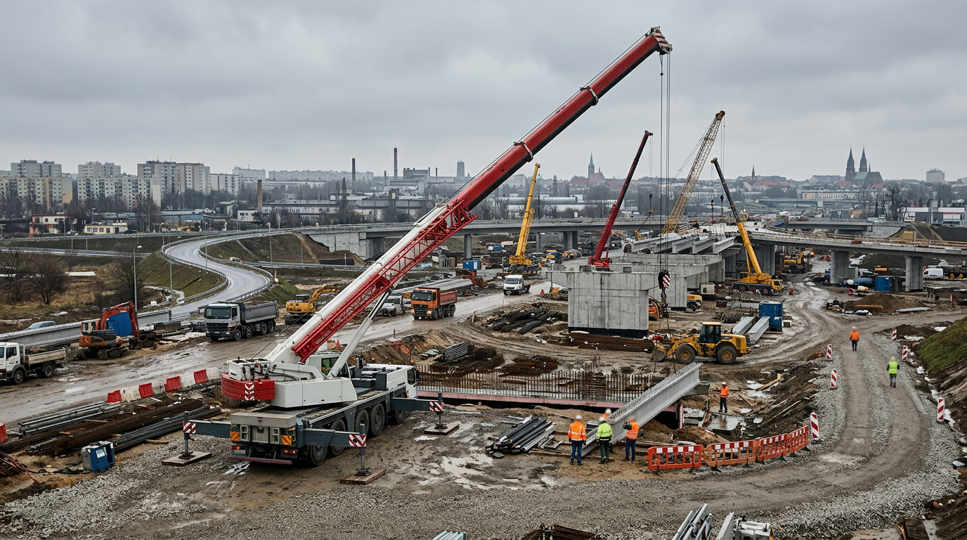 A large mobile crane with its boom extended is operating on a construction site under a clear sky.