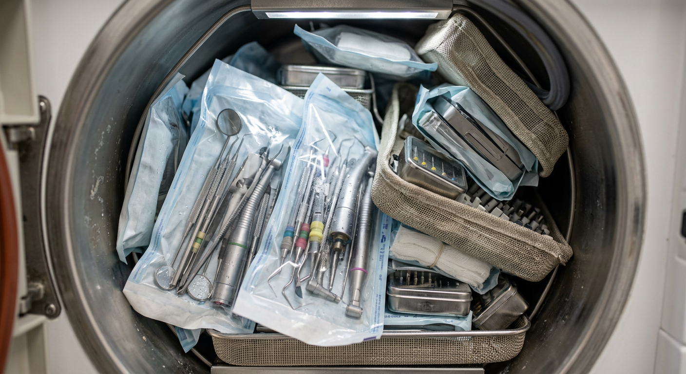 Widok z góry na komorę autoklawu, która jest całkowicie przeładowana różnymi instrumentami dentystycznymi, tacami i torebkami, bez wolnej przestrzeni między przedmiotami. Komora jest przepełniona, a niektóre przedmioty lekko wybrzuszają się przy ściankach. Jasne oświetlenie podkreśla zatłoczoną zawartość.