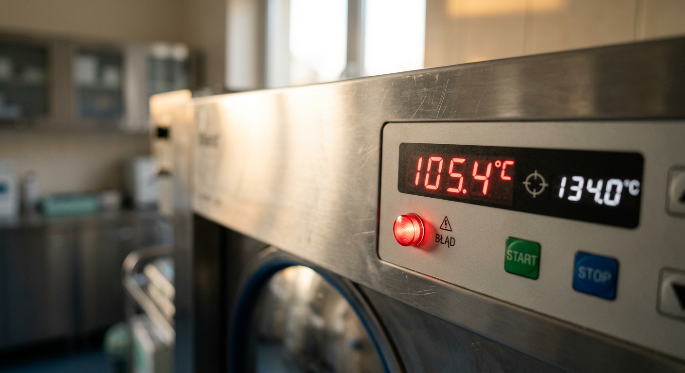 Zbliżenie na cyfrowy panel wyświetlacza autoklawu medycznego, pokazujący odczyt temperatury znacznie niższy niż docelowa temperatura sterylizacji. Liczby są wyraźne, a obok wyświetlacza temperatury świeci się czerwona lampka błędu. Panel jest czysty i nowoczesny, osadzony na szczotkowanej metalowej powierzchni.