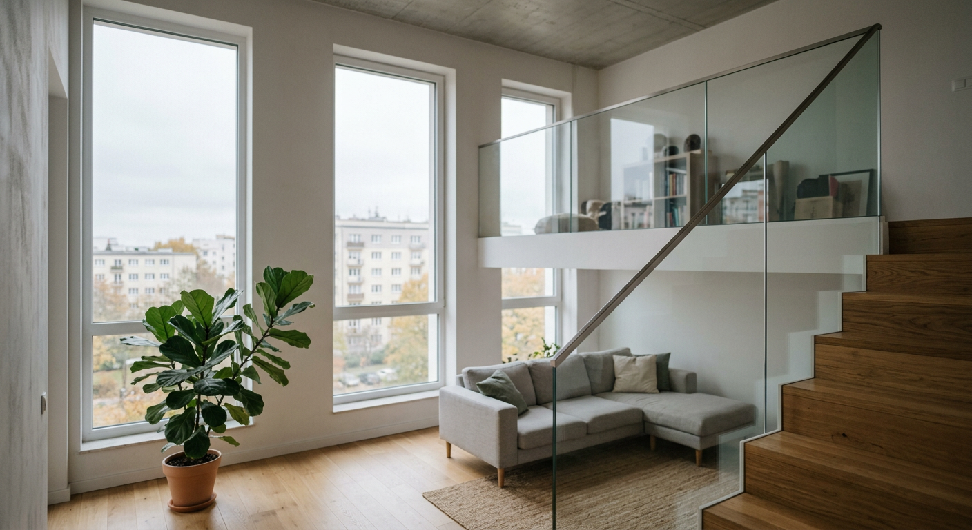 A modern interior features a sleek glass balustrade separating a living area from a staircase, showcasing its aesthetic and functional integration within a home.