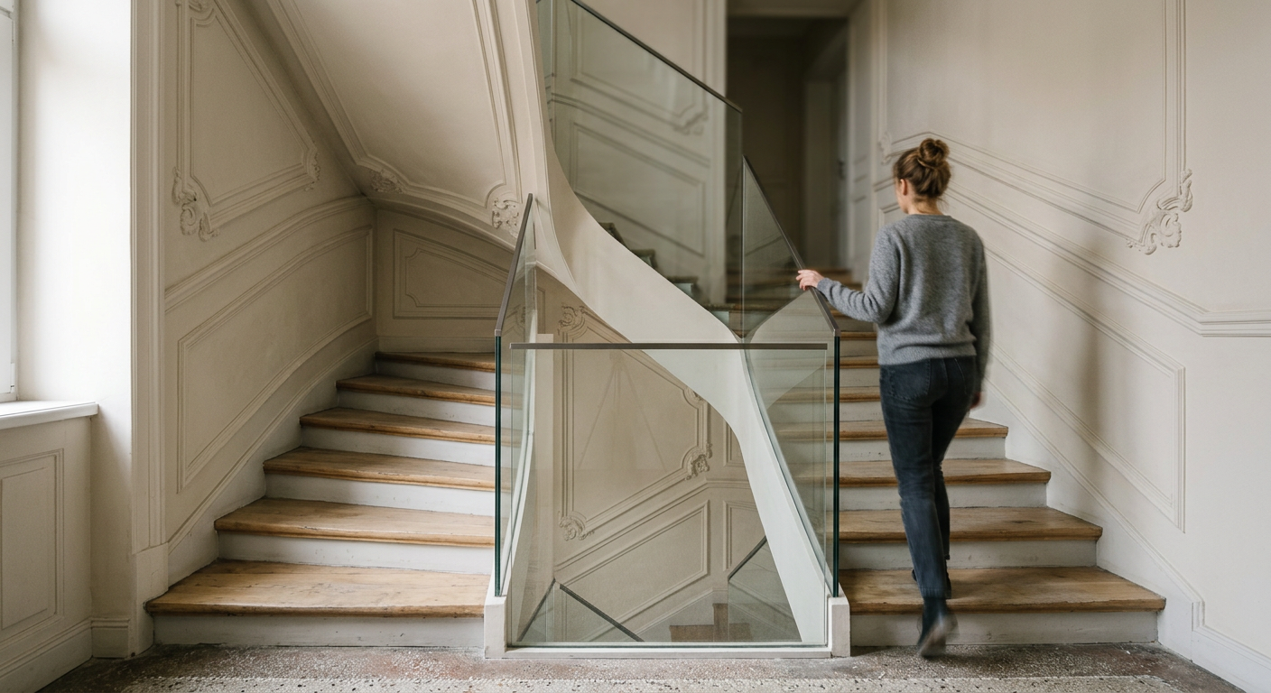 A modern interior features a sleek glass balustrade separating a living area from a staircase, with natural light illuminating the space.