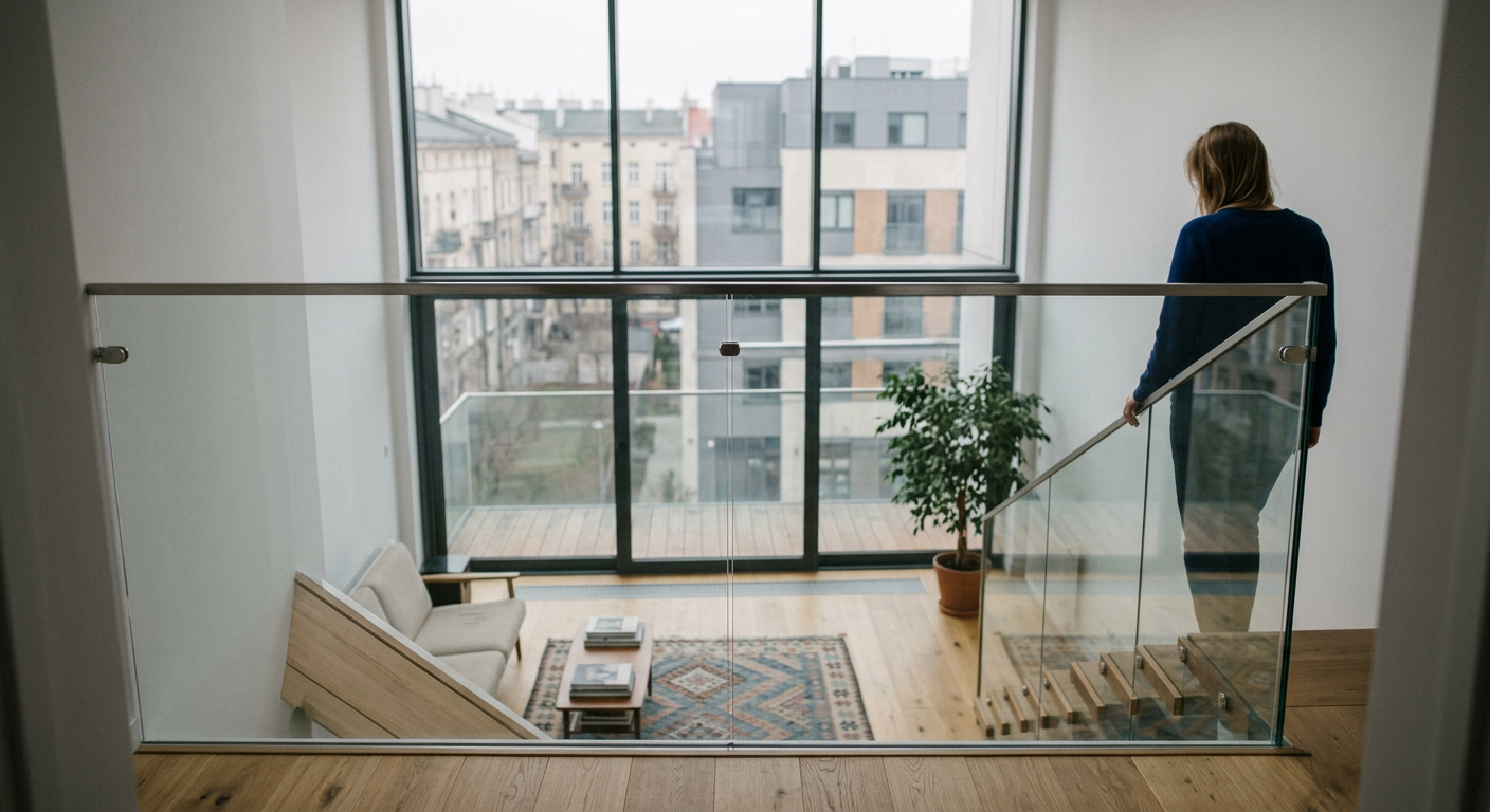 A modern interior features a sleek glass balustrade separating a living area from a staircase, with natural light illuminating the space.
