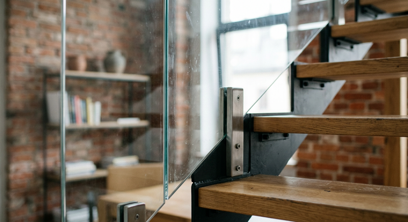 The image displays a modern interior with a glass balustrade, showcasing its aesthetic and functional integration within a contemporary living space.