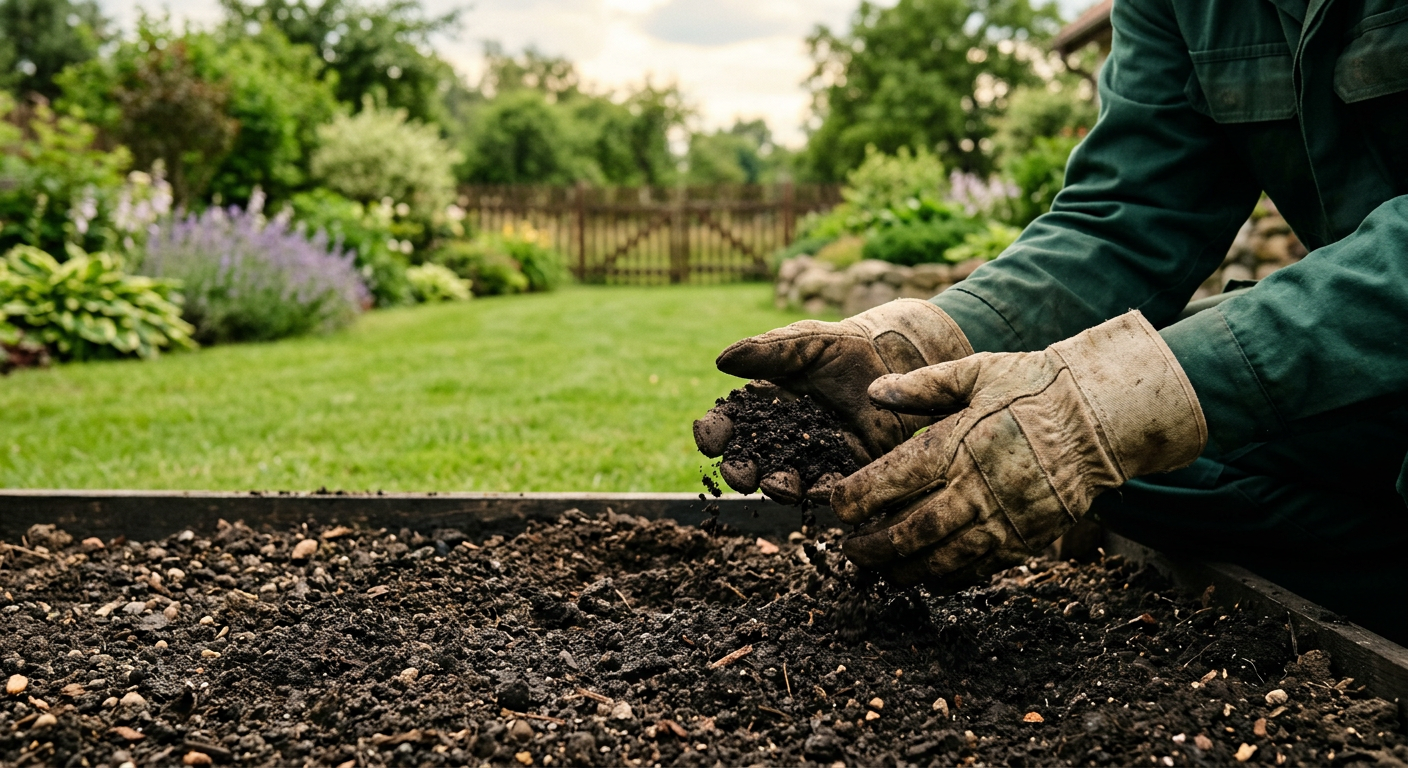 A person is shown holding a handful of rich, dark soil, with a lush green lawn in the background.