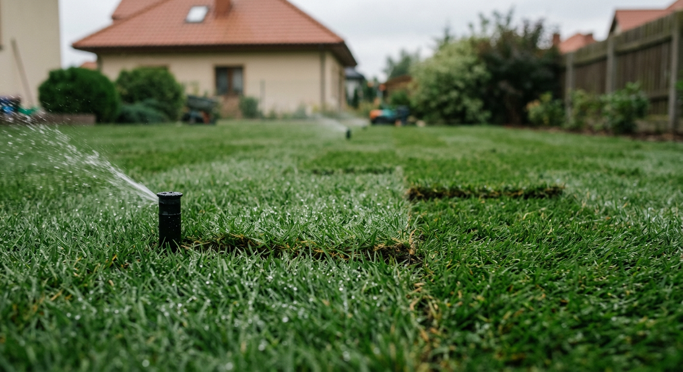 A lush, green lawn is shown with a garden hose and sprinkler, suggesting maintenance.