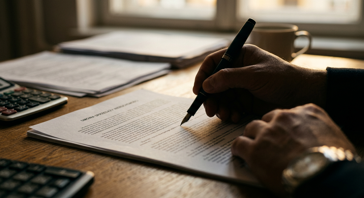 Zbliżenie dłoni trzymającej długopis nad skomplikowanym dokumentem prawnym, z niewyraźnym tłem biurka, symbolizujące formalności prawne.