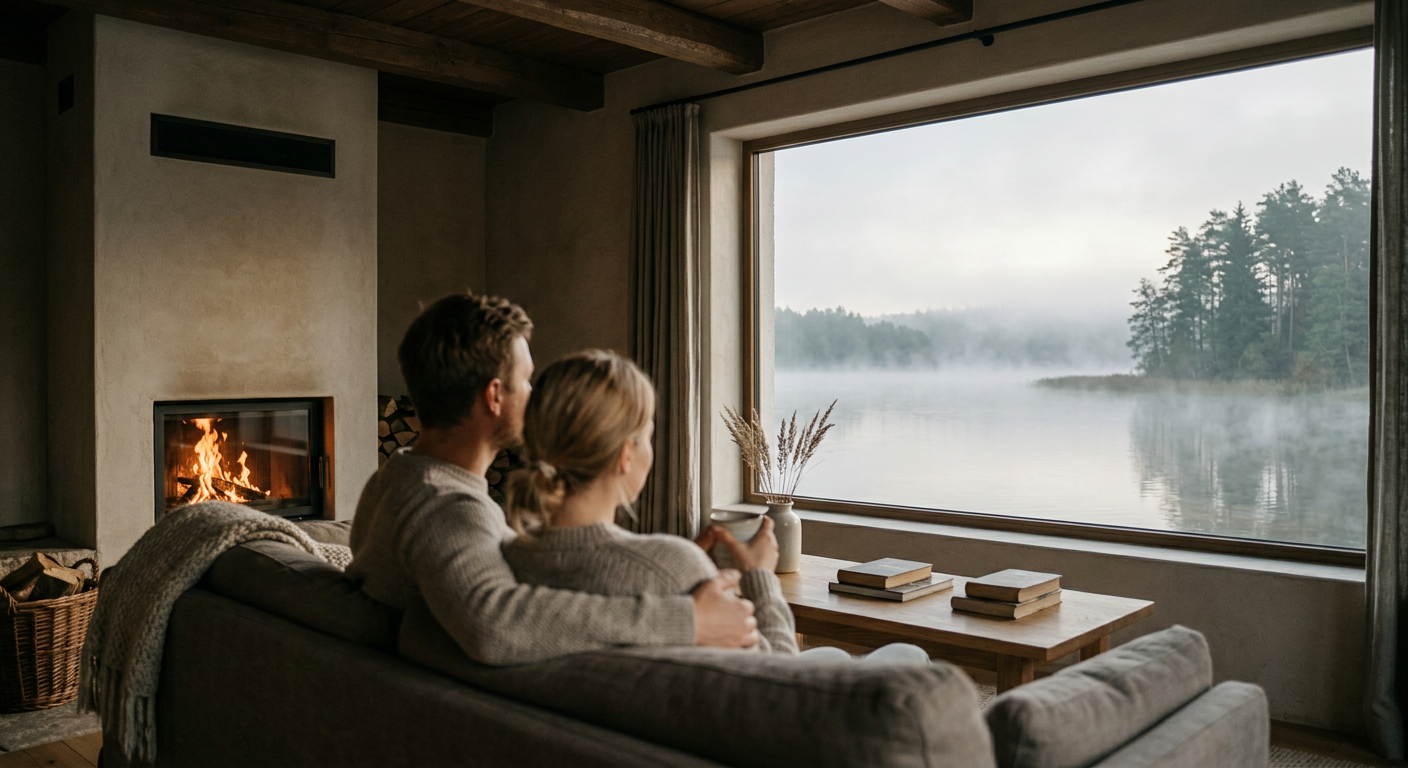A couple is enjoying a peaceful moment on a boat on a lake surrounded by lush greenery, suggesting a relaxing getaway in Mazury.