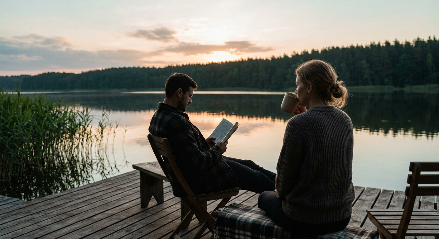 A couple is enjoying a peaceful moment on a wooden pier by a lake at sunset, surrounded by nature.