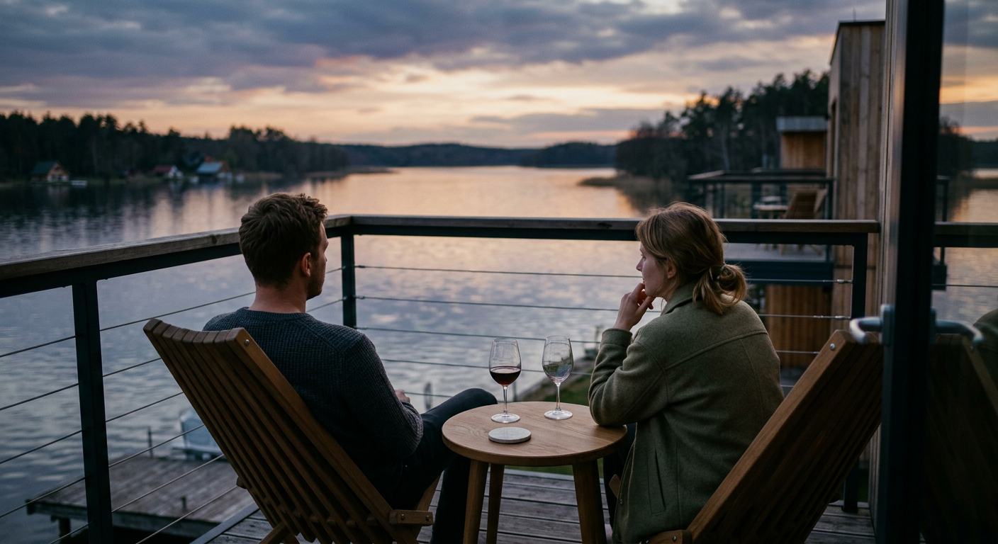 A couple is enjoying a peaceful moment on a boat on a lake surrounded by lush greenery, suggesting a romantic getaway in Mazury.