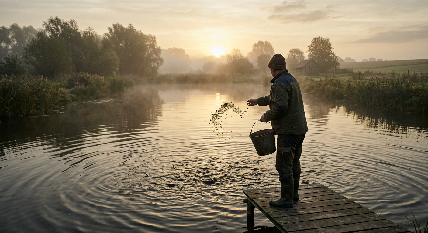 A close-up shot shows a person's hand holding a handful of fish feed pellets over a body of water, with fish visible beneath the surface.