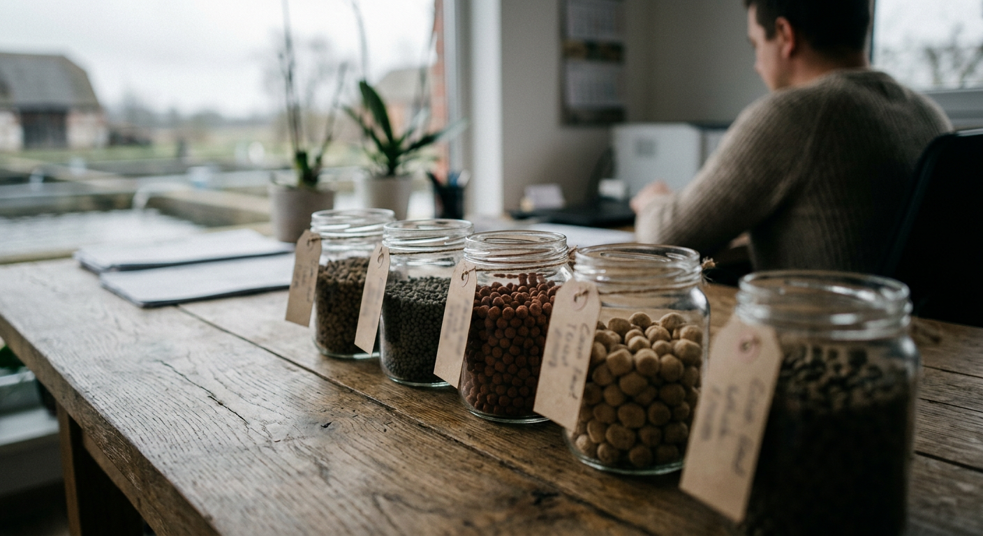 A close-up shot of various types of fish feed pellets in different sizes and colors, suggesting a focus on nutrition for fish growth.