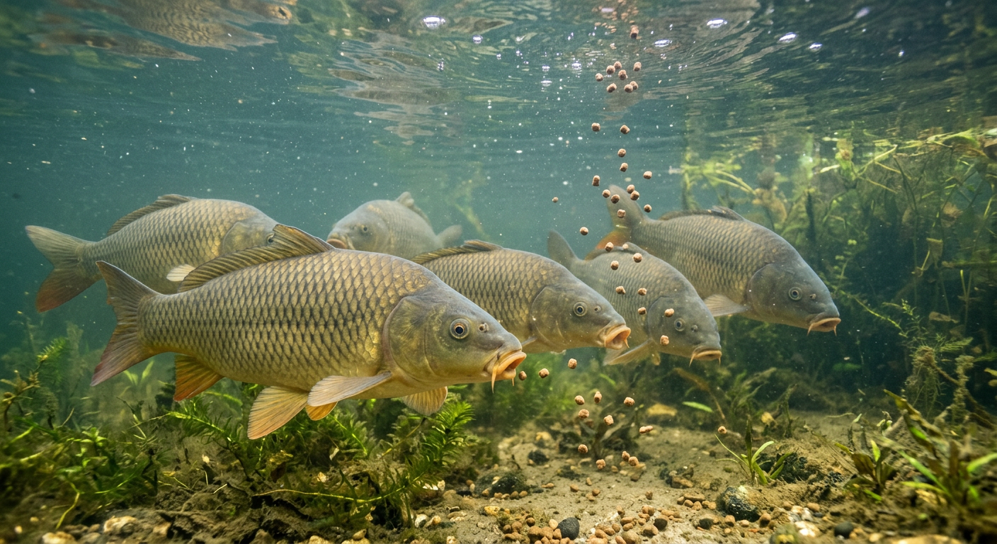 A close-up shot shows a person's hand holding a handful of fish feed pellets over a body of water with fish swimming below.