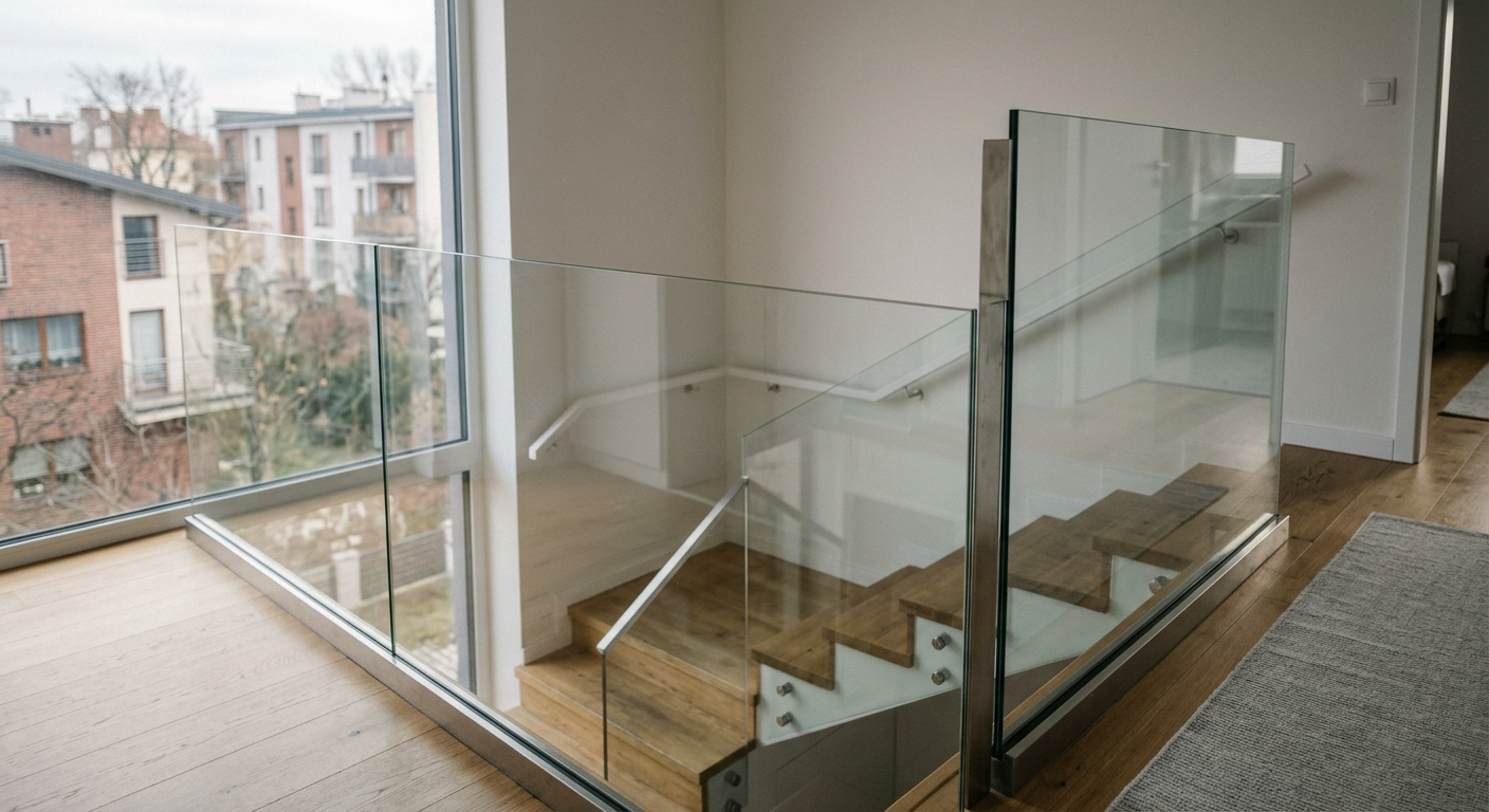 The image displays a modern interior with a glass balustrade, showcasing a clean and contemporary design.