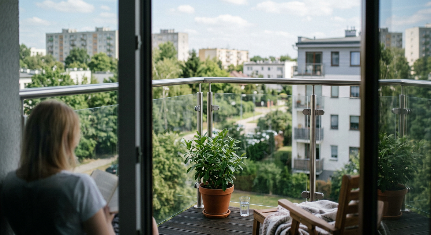The image displays a modern interior with a glass balustrade, showcasing a sleek design and a view of a green outdoor area.