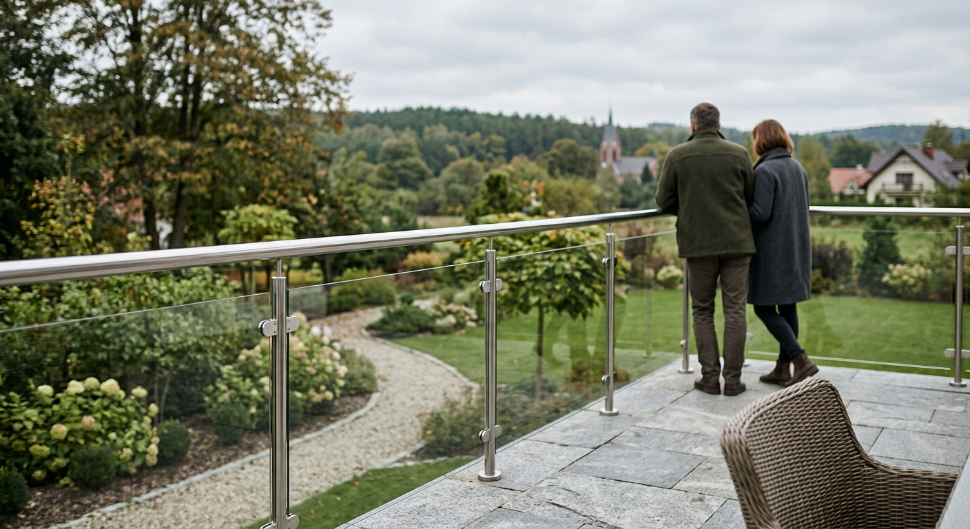 The image shows a modern interior with a glass balustrade, a wooden floor, and a view of a city through large windows.