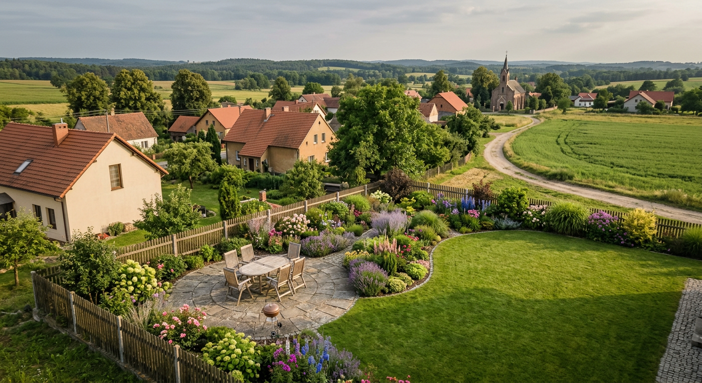 A well-maintained, lush green garden with various plants, flowers, and a winding path, suggesting an organized and aesthetically pleasing outdoor space.