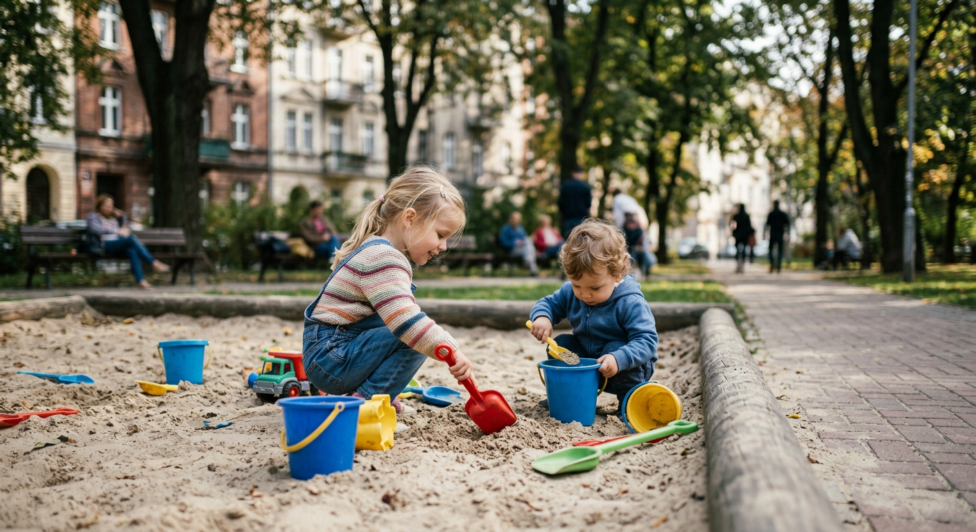 Duża hałda jasnego piasku na placu budowy, symbolizująca wybór odpowiedniego kruszywa.