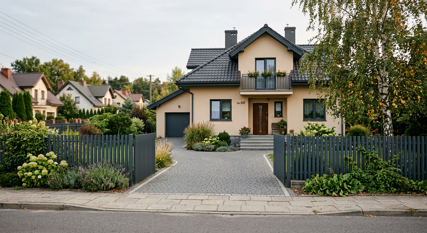 The image displays a modern house with a well-integrated fence and garden, showcasing how an appropriate fence can complement a home's exterior and surroundings.