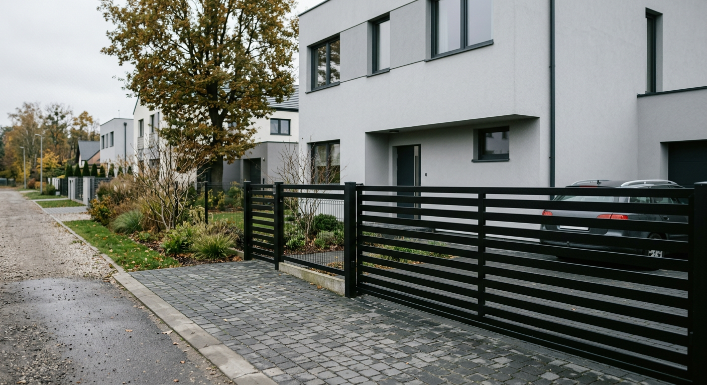 The image displays a modern house with a well-integrated fence and garden, showcasing a harmonious blend of architecture and landscaping.