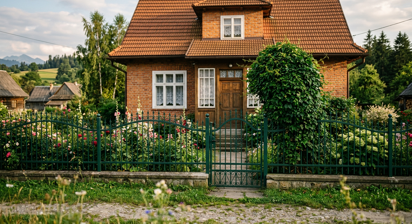 The image shows a modern house with a well-integrated fence and landscaping, demonstrating how an fence can complement the facade and surroundings.