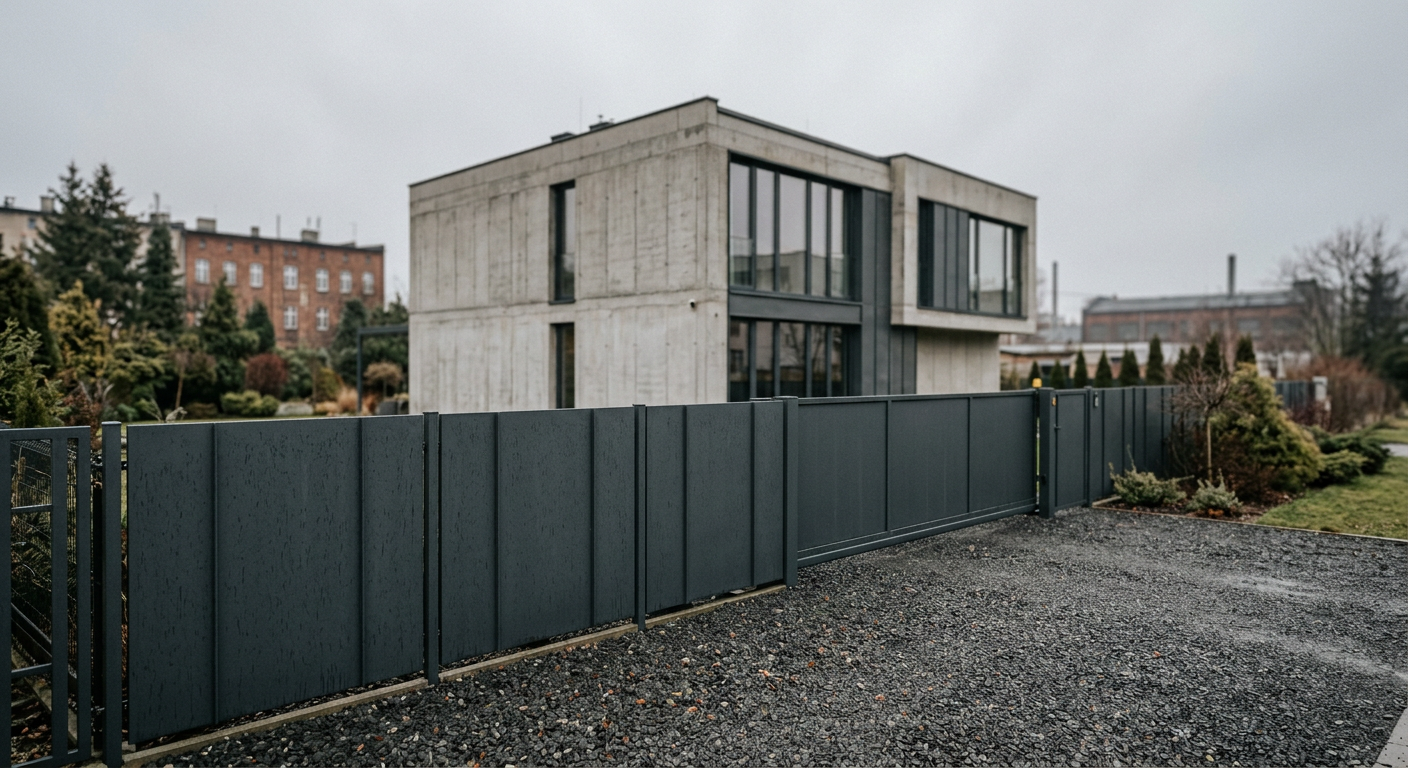 The image displays a modern house with a well-integrated fence, showcasing how an appropriate fence can complement the building's facade and surrounding environment.