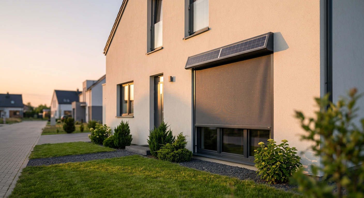 Zewnętrzny widok współczesnego domu z jasnymi ścianami i dużymi oknami. Na jednym oknie inteligentne rolety solarne są całkowicie opuszczone, prezentując zintegrowany panel słoneczny na górze. Otaczający ogród jest zadbany, z zieloną trawą i kilkoma małymi krzewami.