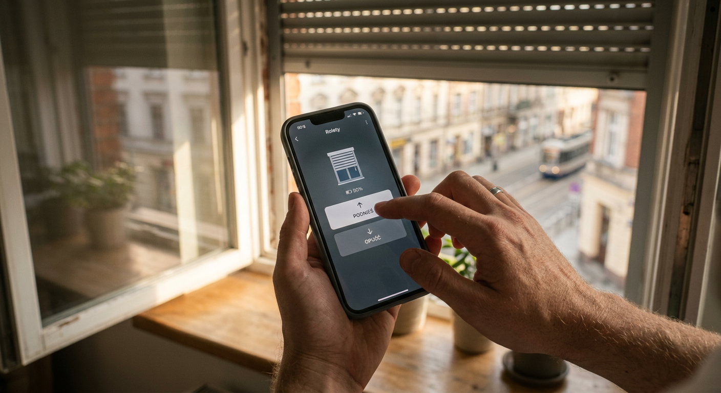 Zbliżenie dłoni trzymającej smartfon, wyświetlający interfejs aplikacji do sterowania inteligentnymi urządzeniami domowymi, ze szczególnym uwzględnieniem opcji podnoszenia lub opuszczania rolet. W tle widoczne jest okno z częściowo otwartą inteligentną roletą, sugerujące sterowanie w czasie rzeczywistym.