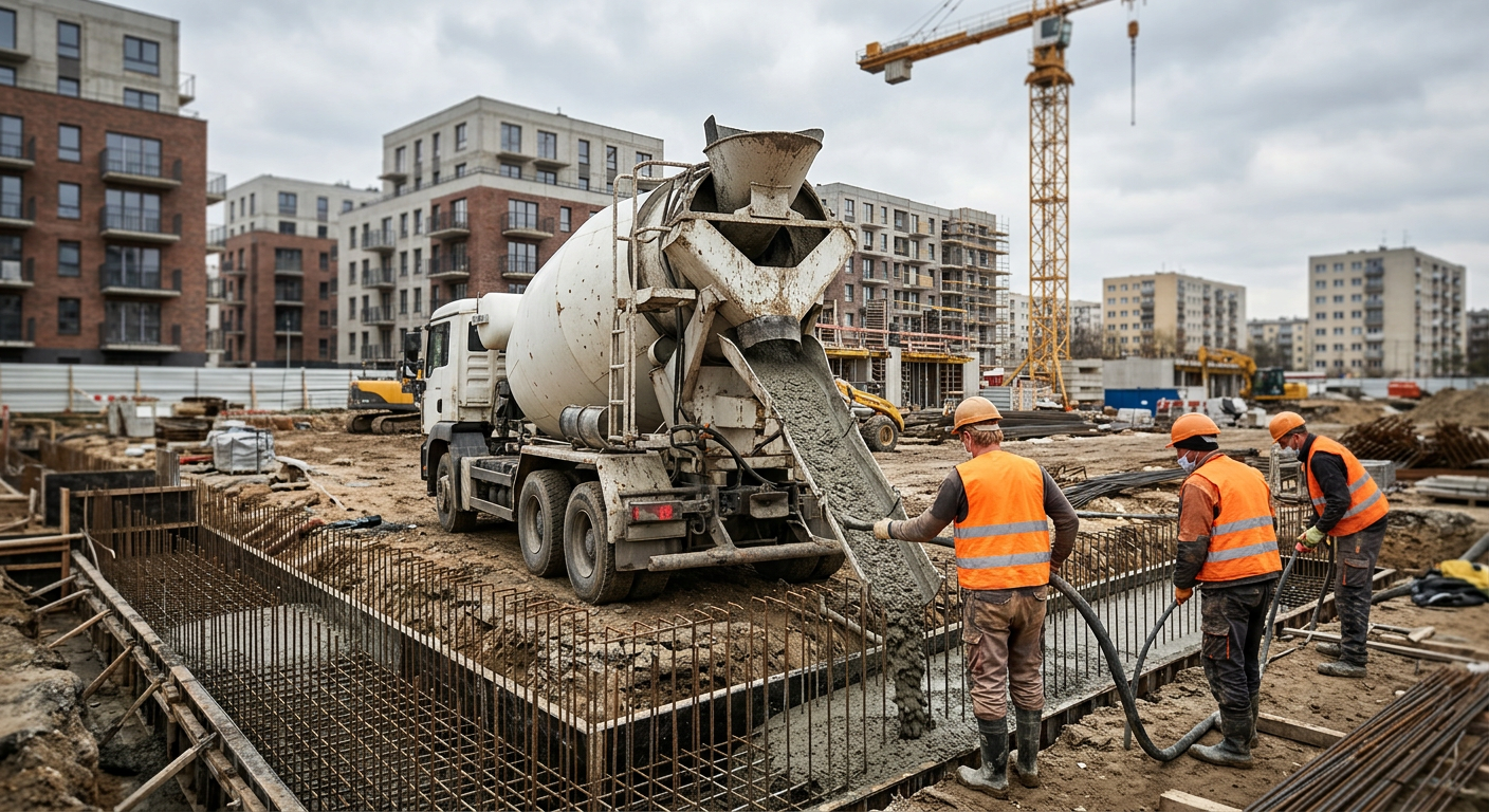 A concrete mixer truck is shown pouring concrete into a construction site, with a worker observing the process.