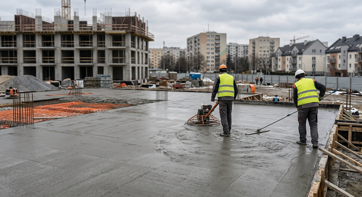 A concrete mixer truck is shown pouring concrete into a construction site, with a worker observing the process.