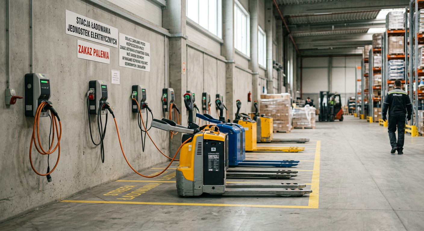 A clean and organized warehouse aisle is shown with a blue electric pallet jack ready for operation.