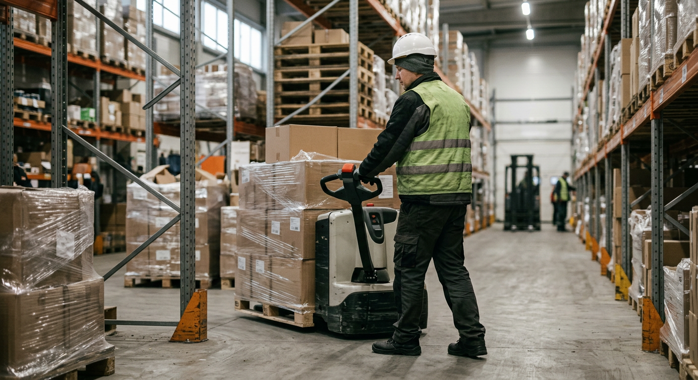 A clean and organized warehouse aisle is shown with a blue electric pallet jack ready for use.