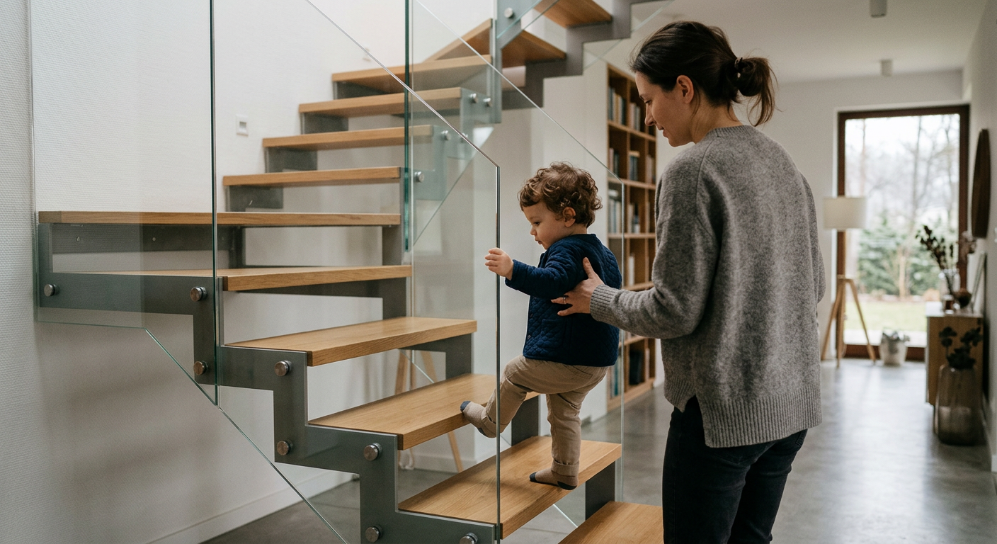 A child is gently touching a glass door, which appears clean and modern, in a well-lit room.