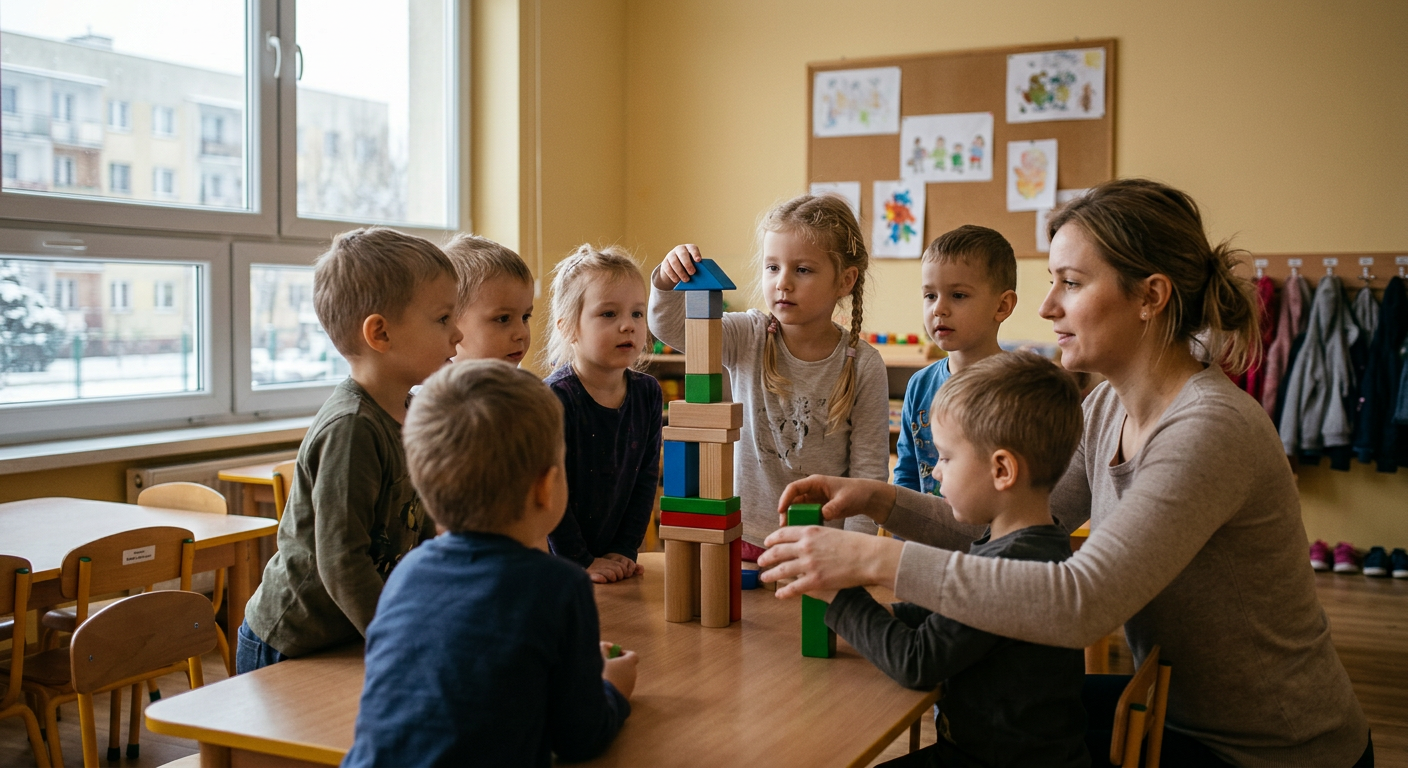 A group of diverse children are happily engaged in a creative activity at a table in a bright classroom, suggesting a supportive preschool environment.