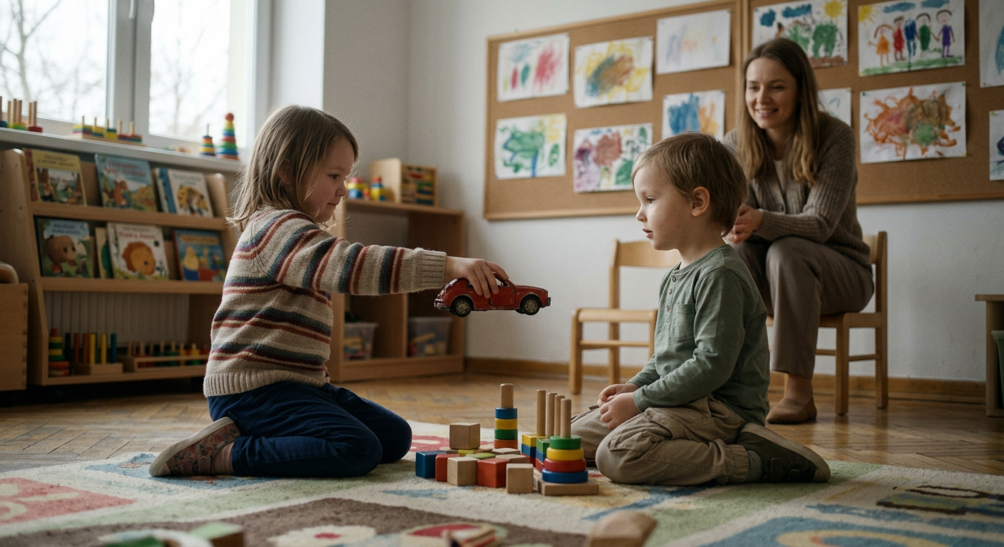 A diverse group of happy children are engaged in various activities in a bright and colorful preschool classroom, supervised by a teacher.