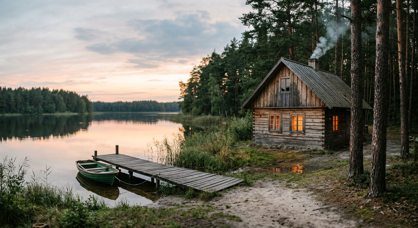 A picturesque wooden pier extends into a calm lake surrounded by lush green trees under a clear sky.