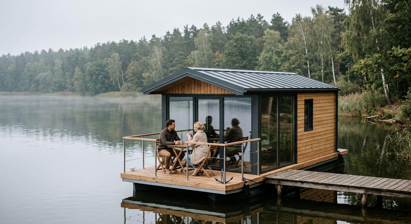A picturesque wooden pier extends into a calm lake surrounded by lush green trees under a bright sky.