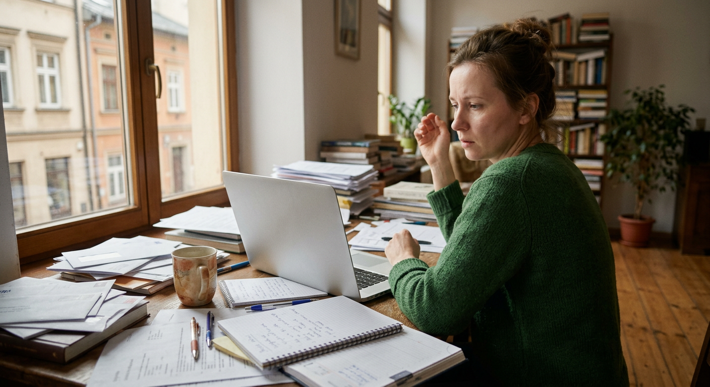 A woman with a thoughtful expression is shown in a soft-focus, slightly abstract setting, suggesting introspection or mental processing.