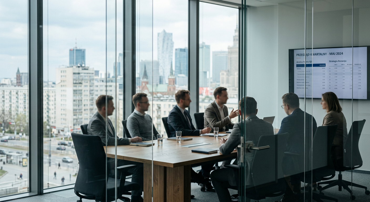 The image displays a modern office interior featuring glass partitions, sleek furniture, and a bright, open atmosphere, emphasizing both functionality and design.
