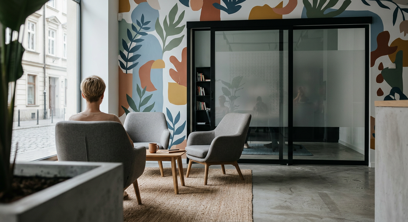 The image displays a modern office interior featuring glass partitions, sleek furniture, and a bright, open atmosphere, emphasizing functionality and contemporary design.