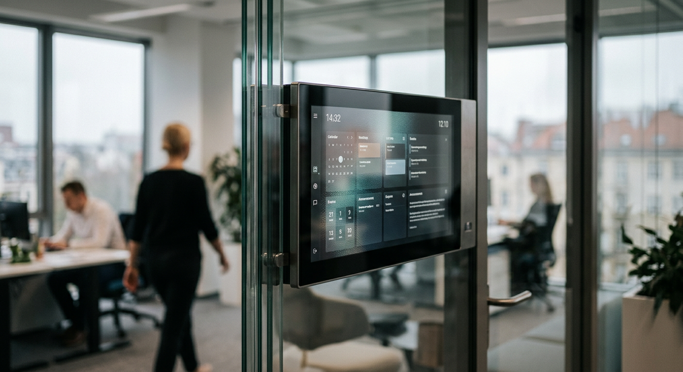 The image displays a modern office interior featuring glass partitions, sleek furniture, and a bright, open atmosphere, emphasizing both functionality and design.
