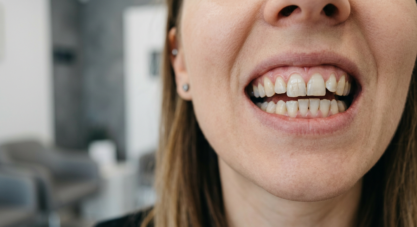 A person with a pained expression holds their jaw, suggesting discomfort or stress affecting their teeth.