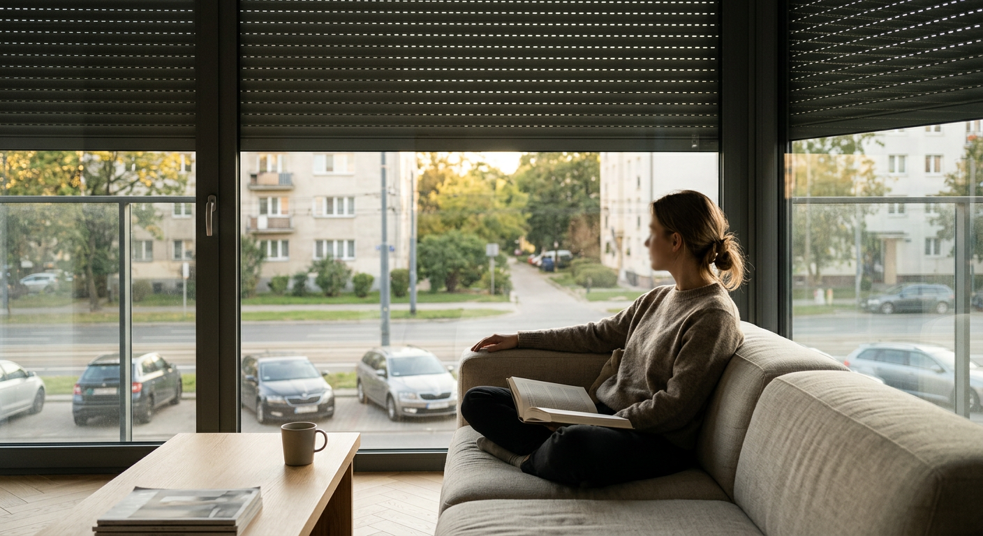 Nowoczesny salon z dużymi oknami, gdzie częściowo opuszczone, ciemnoszare rolety fasadowe z lekko otwartymi lamelami wpuszczają rozproszone światło słoneczne. Wnętrze zawiera jasną sofę i drewniany stolik kawowy.