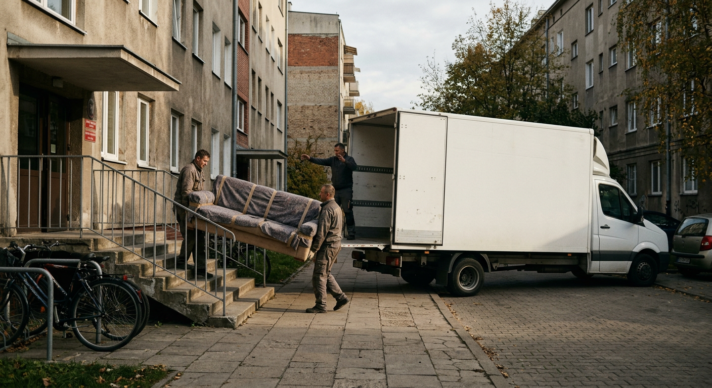 The image shows a modern, clean moving truck parked on a street in front of residential buildings, with a person in a high-visibility vest standing near the back of the truck.