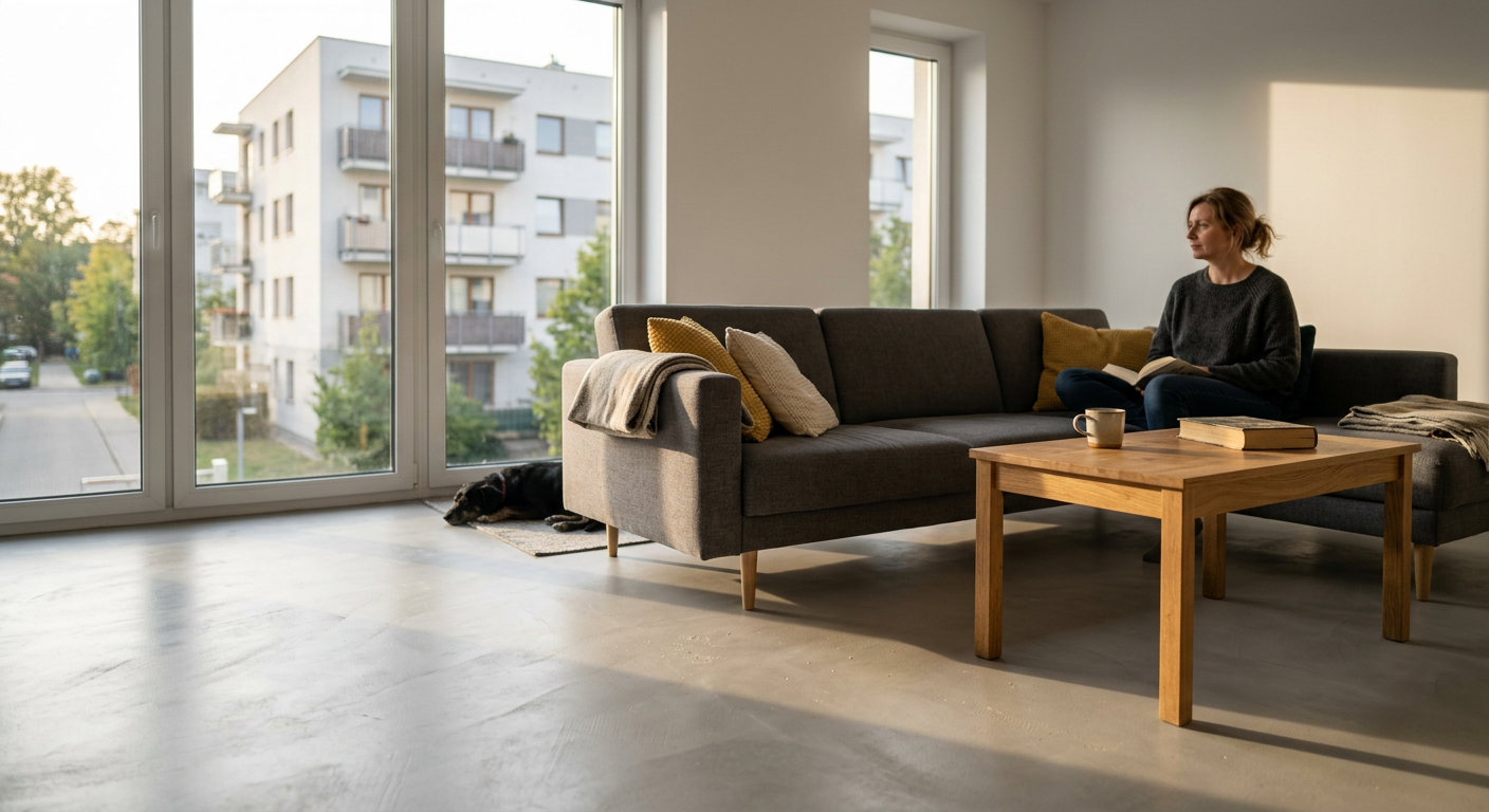 Nowoczesny, minimalistyczny salon z jasnoszarą posadzką z mikrocementu. Przez duże okna wpada światło słoneczne, podkreślając gładkie, matowe wykończenie podłogi. Ciemnoszara sofa i drewniany stolik kawowy to jedyne meble, podkreślające przestronność i czyste linie pomieszczenia.