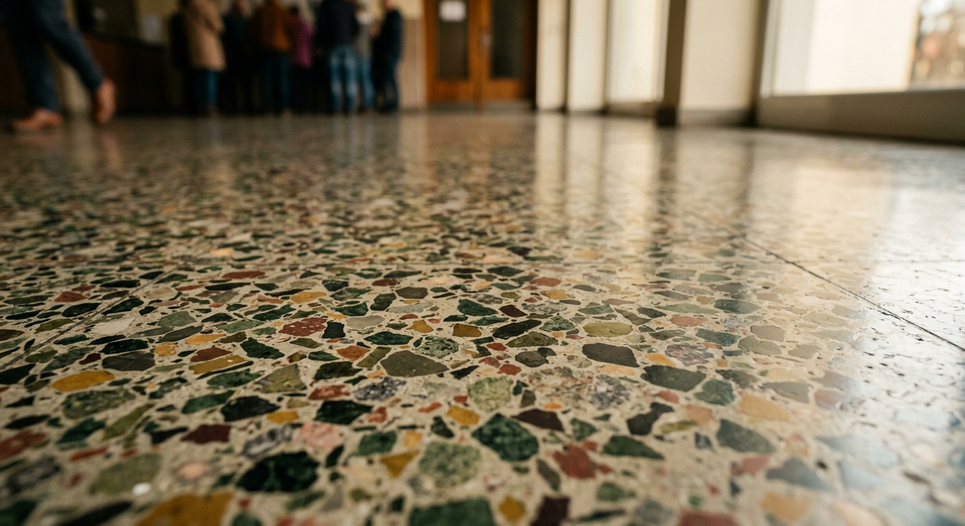 Zbliżenie na polerowaną posadzkę lastryko w budynku użyteczności publicznej. Podłoga przedstawia mozaikę kolorowych kruszyw kamiennych osadzonych w jasnej matrycy, tworząc unikalny i trwały wzór. Powierzchnia jest bardzo odblaskowa, ukazując gładkie, niemal szklane wykończenie.