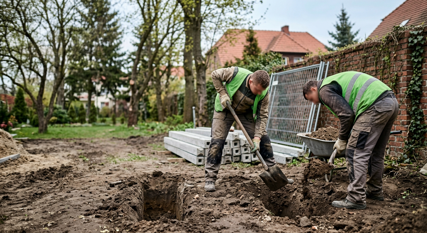 A close-up shot shows a&nbsp;worker's hands in gloves, carefully placing a&nbsp;concrete fence panel into a&nbsp;pre-installed post, with other panels stacked in the background.