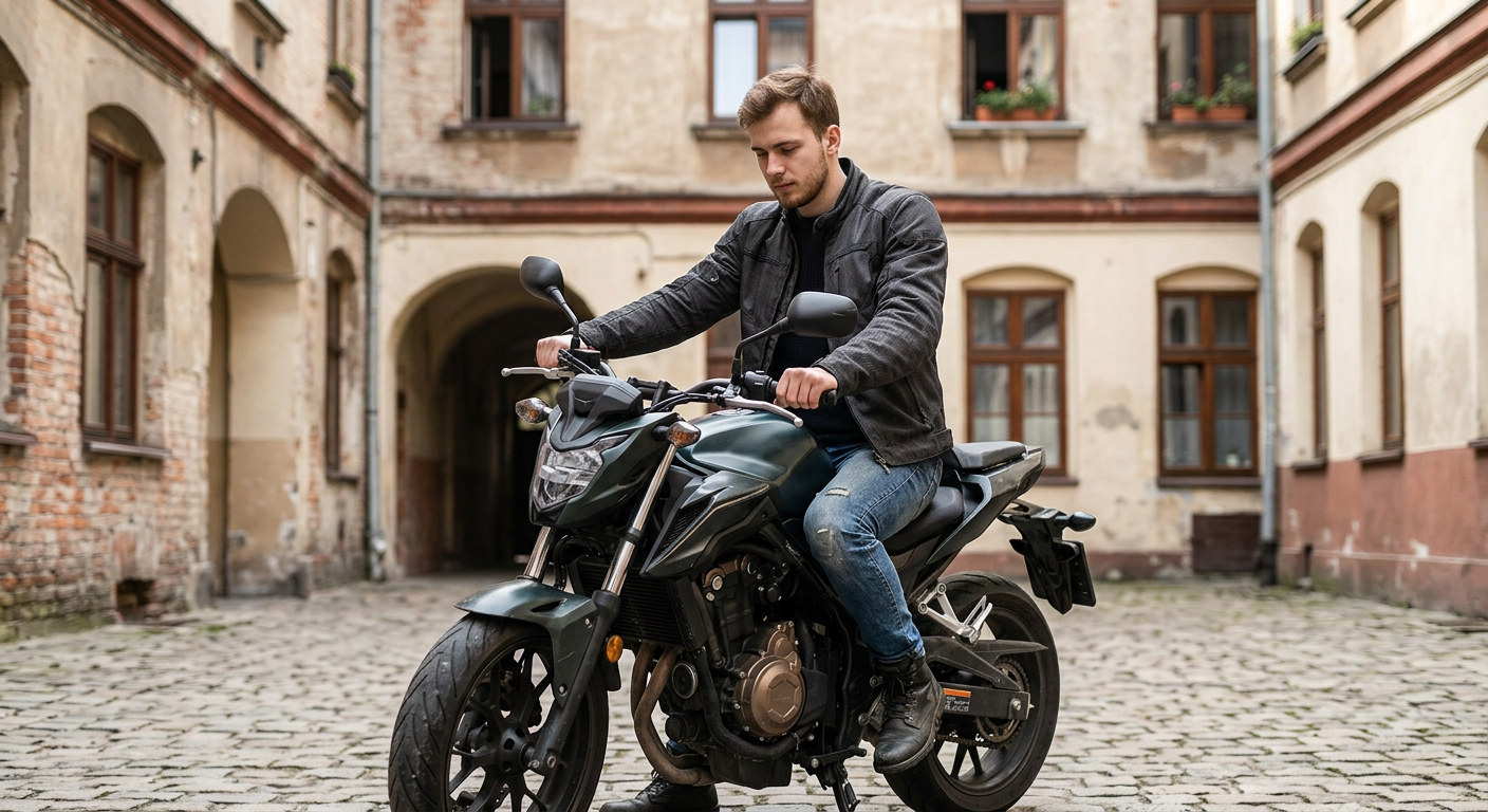 A person in a motorcycle jacket and helmet is sitting on a motorcycle, looking at the dashboard, with a blurred background of a road and trees.