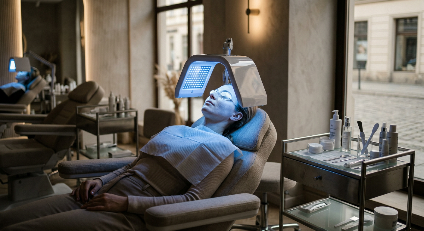 Szerokie ujęcie wnętrza luksusowego salonu kosmetycznego, przedstawiające klientkę wygodnie leżącą w fotelu zabiegowym z lampą PDT umieszczoną nad jej twarzą. Lampa emituje żywe niebieskie światło, oświetlając skórę klientki. Obok fotela widoczny jest schludnie zorganizowany wózek z różnymi produktami do pielęgnacji skóry i narzędziami. Wystrój salonu jest elegancki, z miękkim oświetleniem i minimalistycznymi meblami.